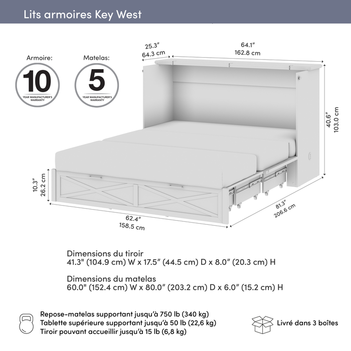 Key West Cabinet Bed with Tri-Fold Mattress  - White Oak - Queen Size 