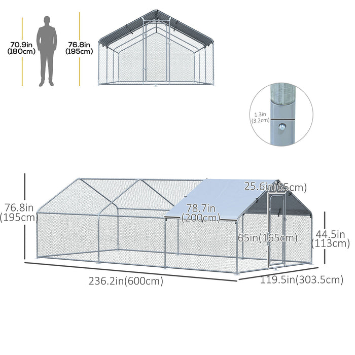Pawhut 9.8' X 19.7' Metal Chicken Coop, Galvanized Walk-in Hen House, 3 Rooms Poultry Cage Outdoor W