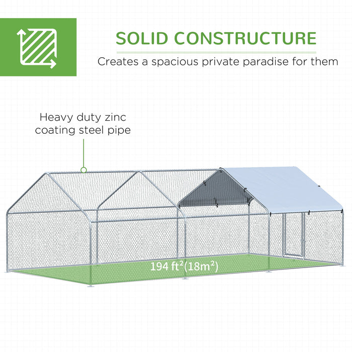 Pawhut 9.8' X 19.7' Metal Chicken Coop, Galvanized Walk-in Hen House, 3 Rooms Poultry Cage Outdoor W