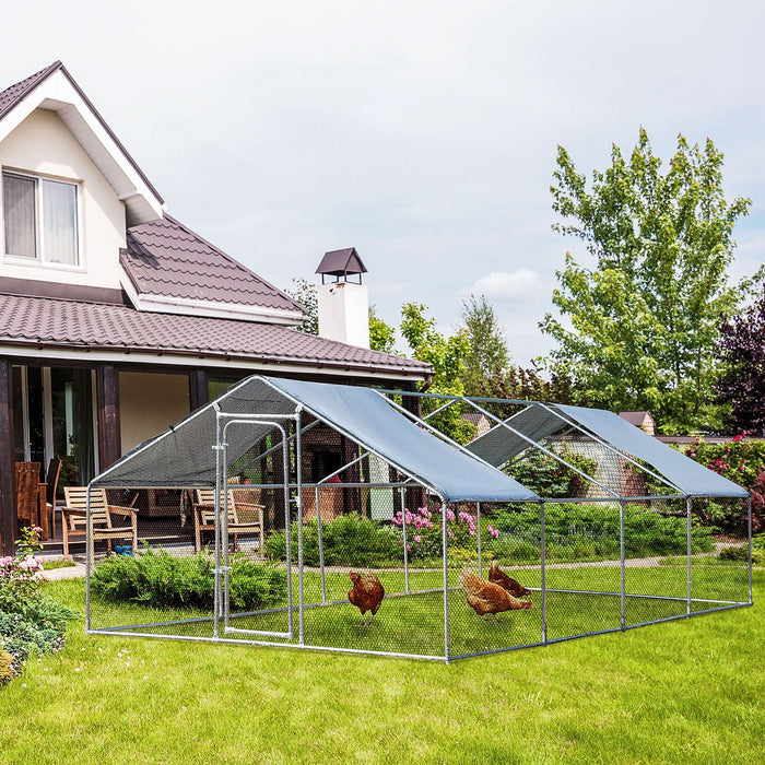 Pawhut 9.8' X 26.2' Metal Chicken Coop, Galvanized Walk-in Hen House, 4 Rooms Poultry Cage Outdoor W