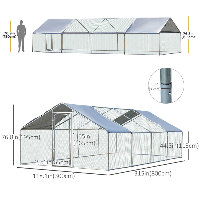 Pawhut 9.8' X 26.2' Metal Chicken Coop, Galvanized Walk-in Hen House, 4 Rooms Poultry Cage Outdoor W
