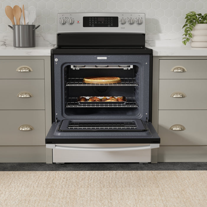 GE 5 Cu. Ft. Electric Range with True European Convection and Air Fry - Stainless Steel - JCB840STSS 