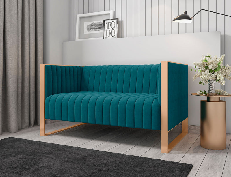Manhattan Comfort Trillium 57.48\" Velvet Loveseat - Aqua Blue & Gold