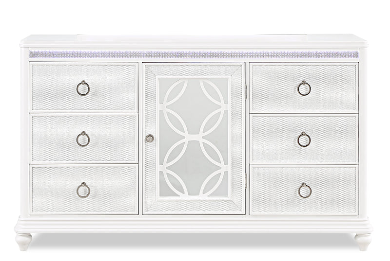 Ava Bedroom 7-Drawer Dresser with LED Light, 67\"W x 39\"H, Glam - White 