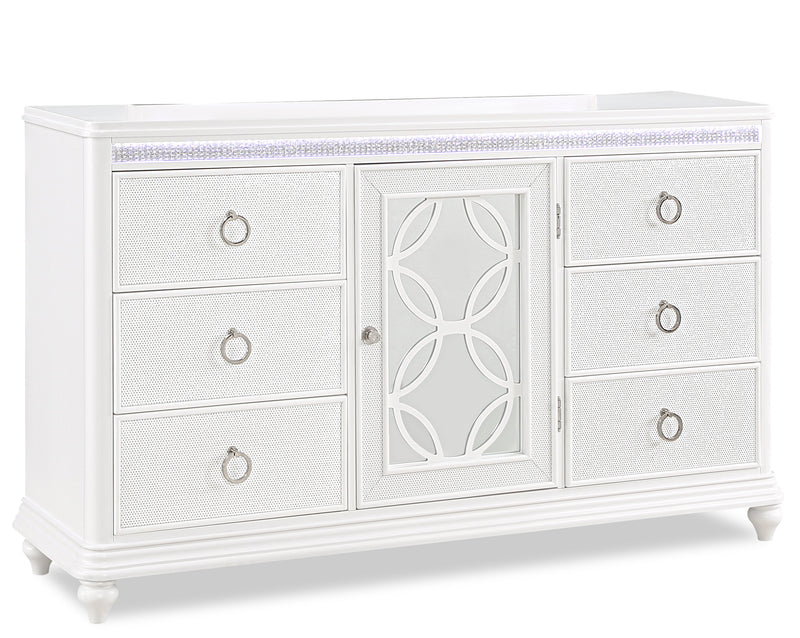 Ava Bedroom 7-Drawer Dresser with LED Light, 67\"W x 39\"H, Glam - White 