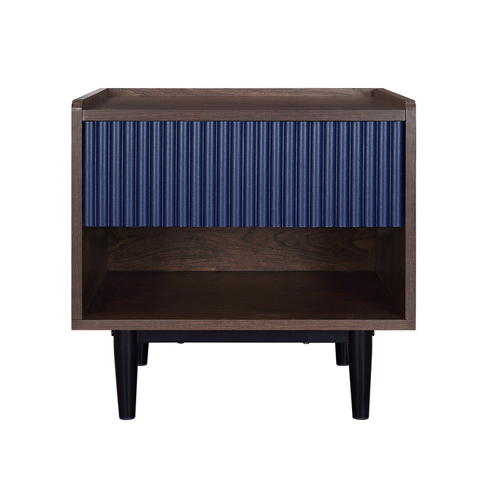 Manhattan Comfort Duane Modern Ribbed Nightstand with Full Extension Drawer - Dark Brown & Navy Blue