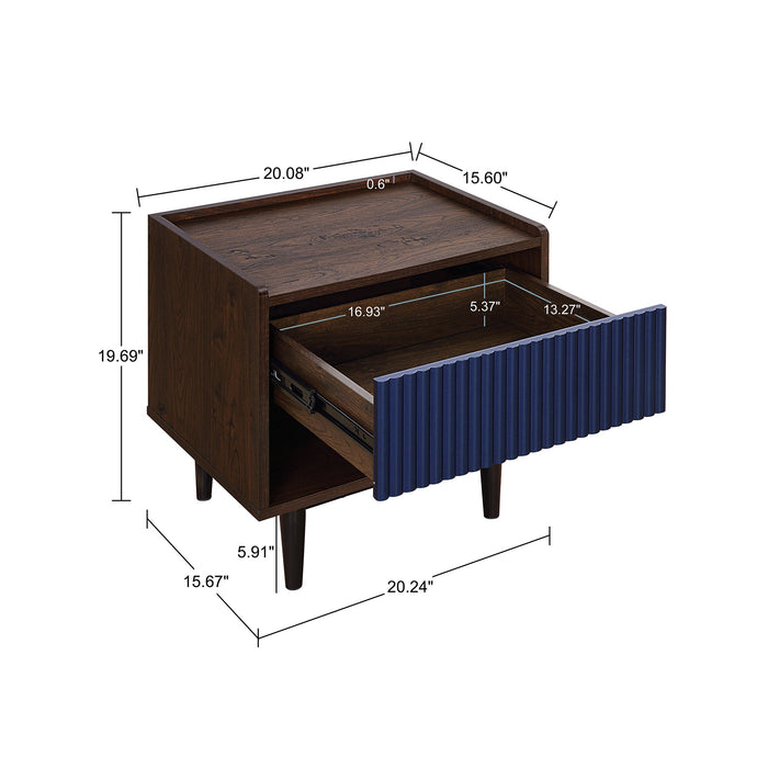Manhattan Comfort Duane Modern Ribbed Nightstand with Full Extension Drawer - Dark Brown & Navy Blue
