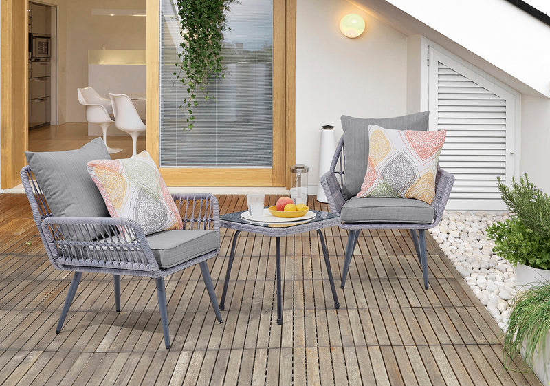 Manhattan Comfort Cannes Rope Wicker 3-Piece Patio Conversation Set - Grey