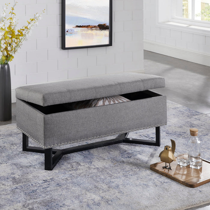 Emerson Fabric Studded Double Bench Ottoman Grey Benches