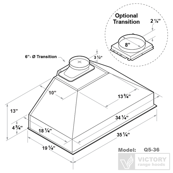 Victory 36\" 750 CFM Insert Range Hood Stainless Steel - Q5-36