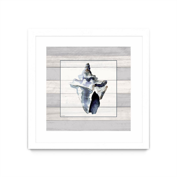 \"Muted Blue Sea Conch On Wood\" Matted and Framed White 36x36 Wall Art