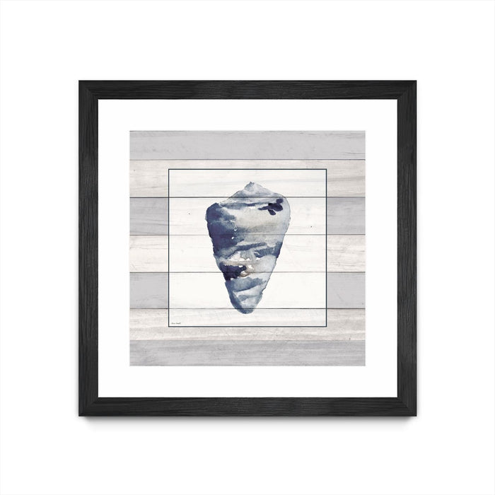 \"Muted Blue Shell On Wood\" Matted and Framed Black 30x30 Wall Art