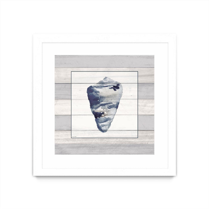 \"Muted Blue Shell On Wood\" Matted and Framed White 36x36 Wall Art