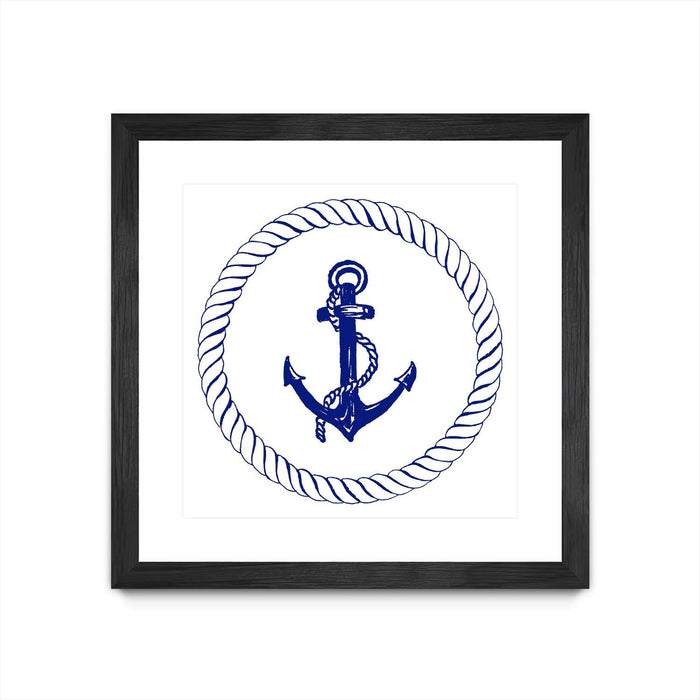 \"Blue Nautical Circle I\" Matted and Framed Black 36x36 Wall Art