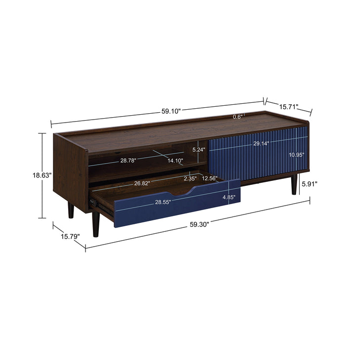 Manhattan Comfort Duane 59.25\" Modern Ribbed TV Stand - Dark Brown & Navy Blue
