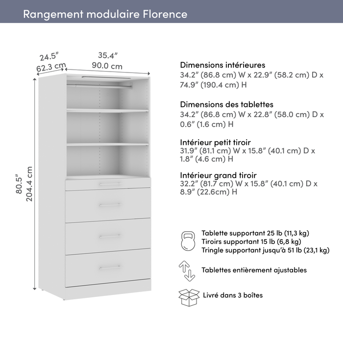 Bestar Florence 36\" Modular Reach-In/Walk-In Closet System Tower with LED Light, Shelves and 4 Drawe