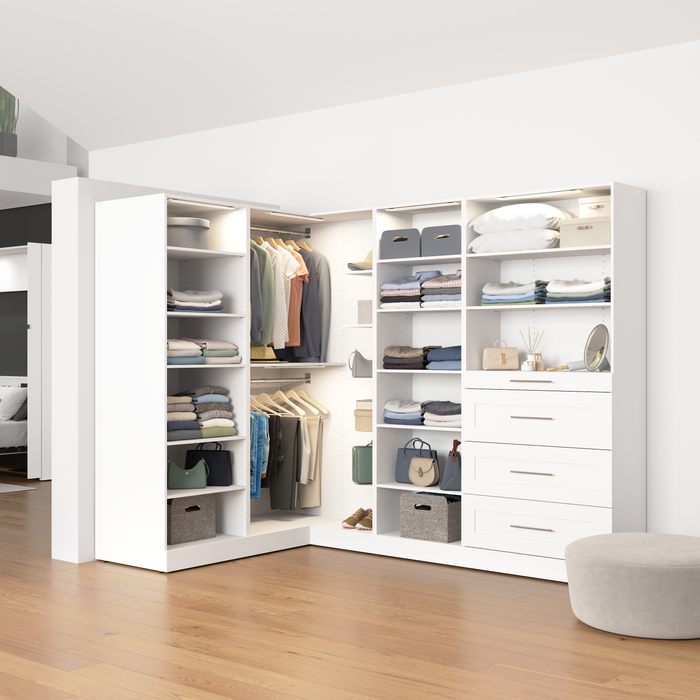Bestar Florence 105\" Modular L-Shaped Walk-In Closet System with LED Lights, Rods, Shelves and Drawe