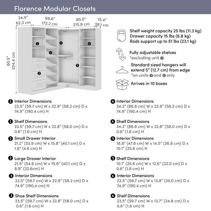 Bestar Florence 85\" Modular L-Shaped Walk-In Closet System with LED Lights, Rods, Drawers and Shoe S