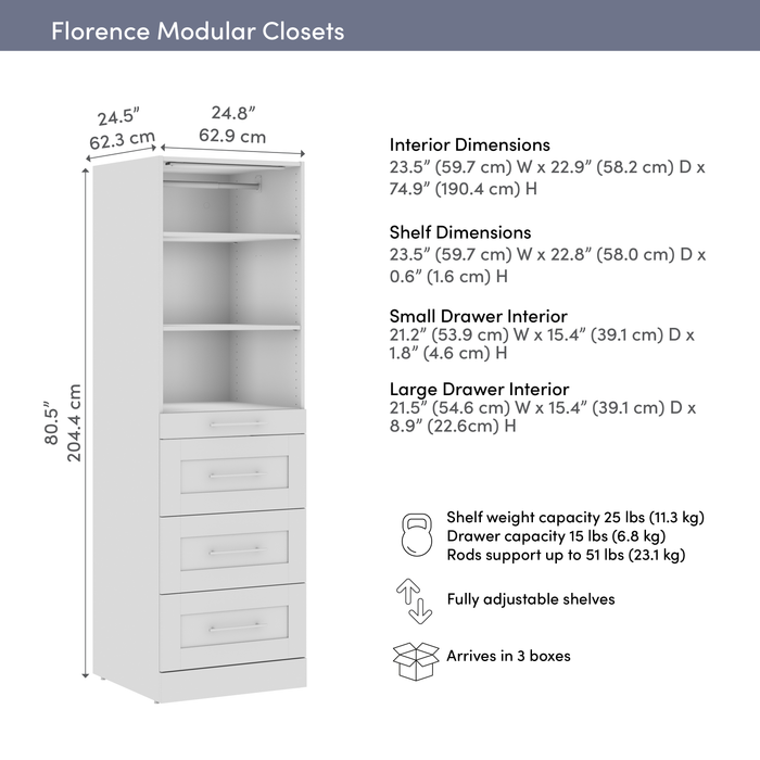 Bestar Florence 25\" Modular Reach-In/Walk-In Closet System Tower with LED Light, Shelves and 4 Drawe