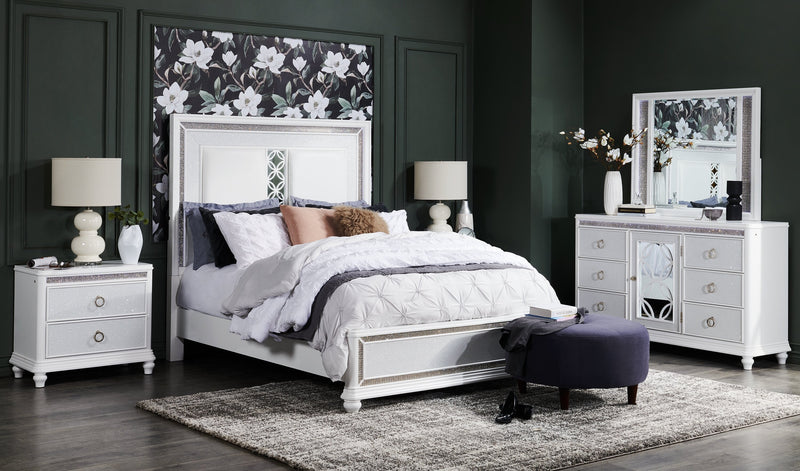 Ava Bedside 2-Drawer Nightstand with LED Light, 32.5\"W x 28\"H, Glam - White 