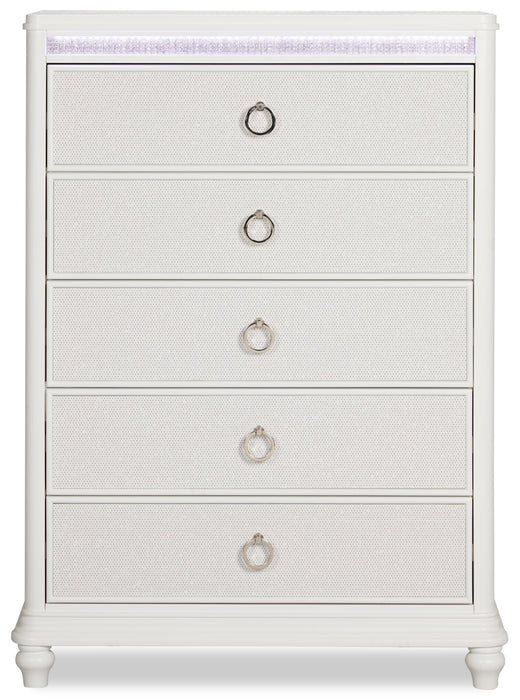 Ava Bedroom Chest of Drawers with LED Light, 5-Drawer, 40.5\"W x 54.1\"H, Glam - White 
