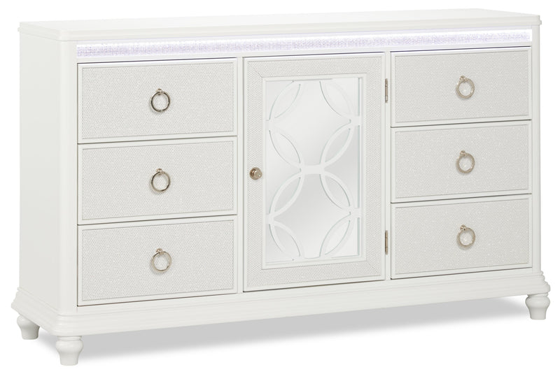 Ava Bedroom 7-Drawer Dresser with LED Light, 67\"W x 39\"H, Glam - White 