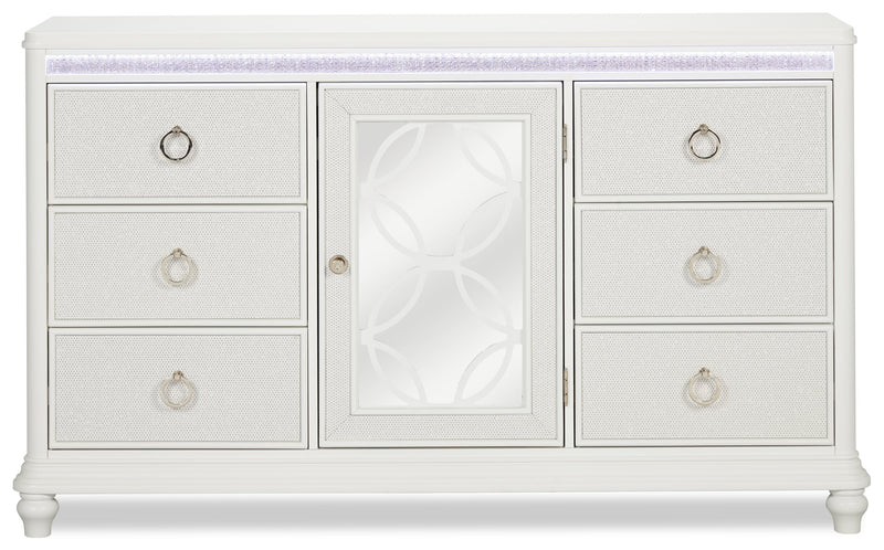 Ava Bedroom 7-Drawer Dresser with LED Light, 67\"W x 39\"H, Glam - White 
