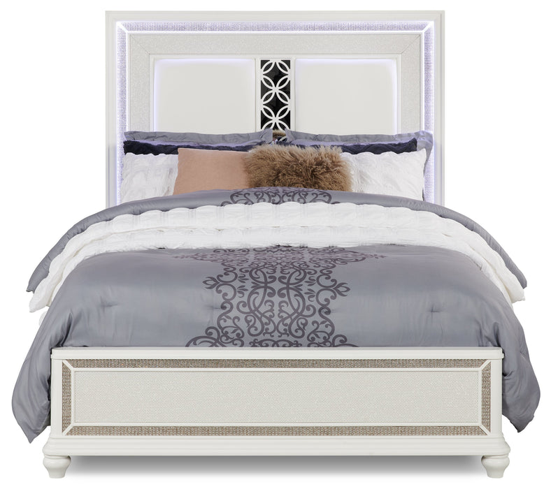 Ava Panel Bed with Headboard & Frame, LED, Glam, White - Queen Size 