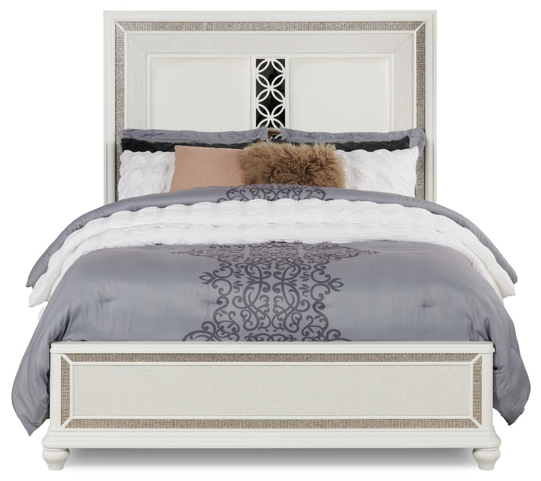 Ava Panel Bed with Headboard & Frame, LED, Glam, White - Queen Size 