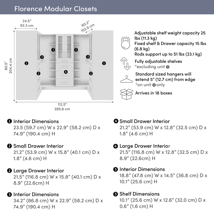 Bestar Florence 113\" Modular U-Shaped Walk-In Closet System with LED Lights, Rods, Shelves, Drawers 