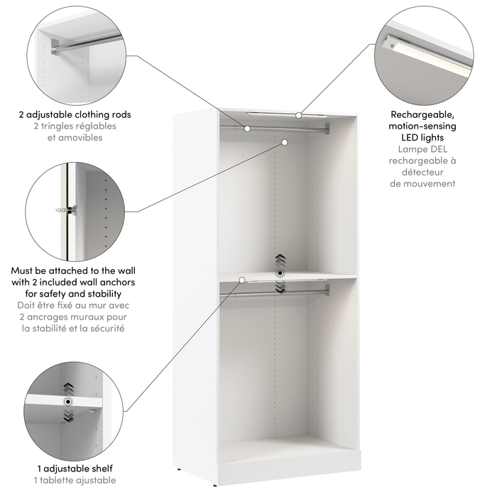 Bestar Florence 35\" Modular Double Hanging Closet System with LED Light - White
