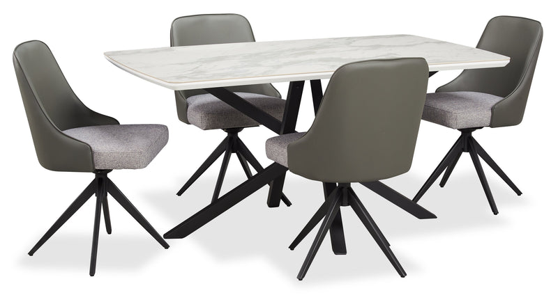 Bari 5pc Dining Set with Table & 4 Grey Swivel Chairs, Marble-Look Ceramic Top, Metal, 63\"W 