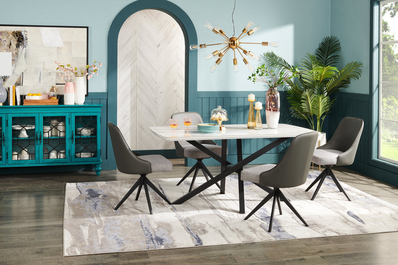 Bari 5pc Dining Set with Table & 4 Grey Swivel Chairs, Marble-Look Ceramic Top, Metal, 63\"W 