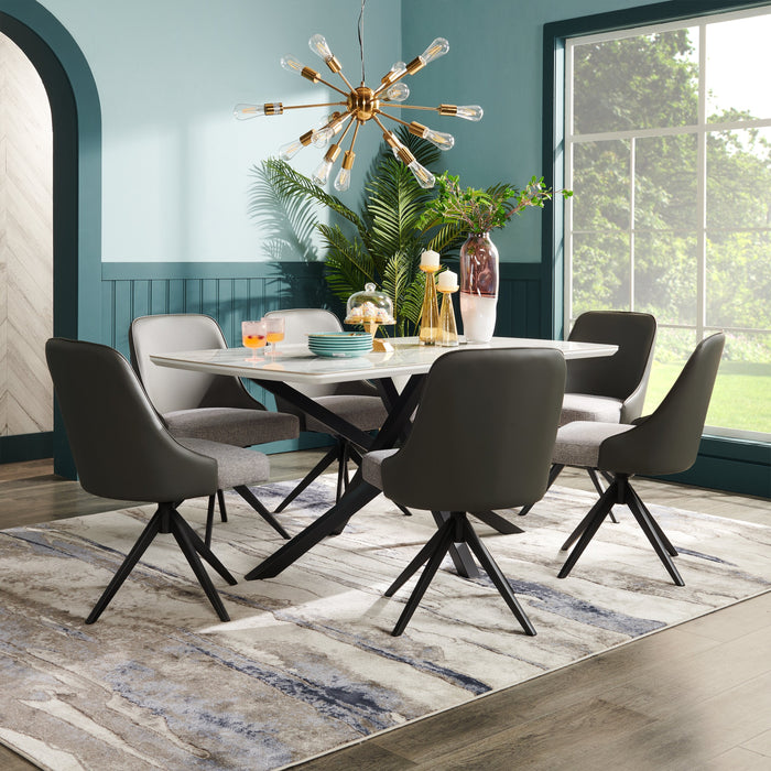 Bari 7pc Dining Set with Table & 6 Grey Swivel Chairs, Marble-Look Ceramic Top, Metal, 63\"W 