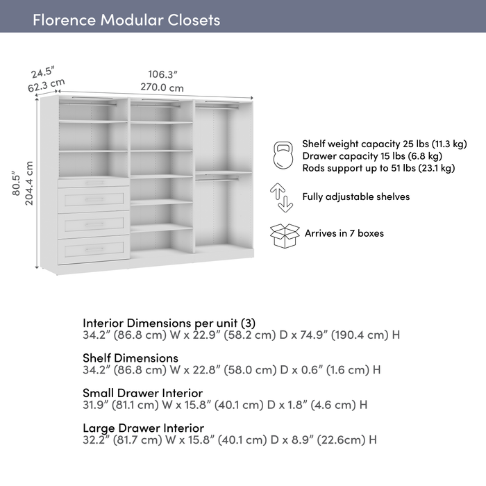 Bestar Florence 107\" Modular Walk-In Closet System with LED Lights, Rods, Shelves and Drawers Shaker