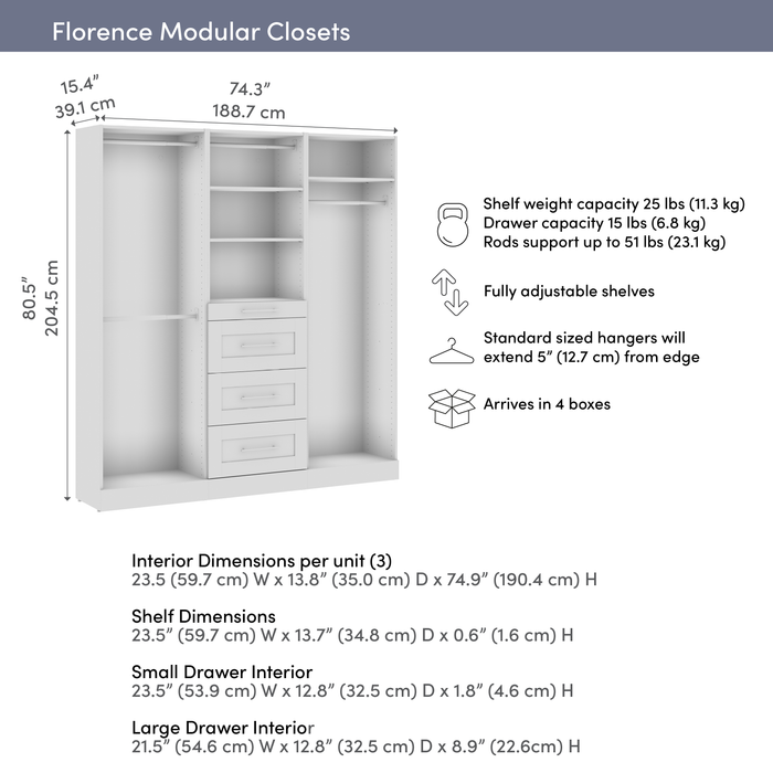 Bestar Florence 75\" Modular Reach-In Closet System with Rods, Shelves and Drawers Shaker Style - White