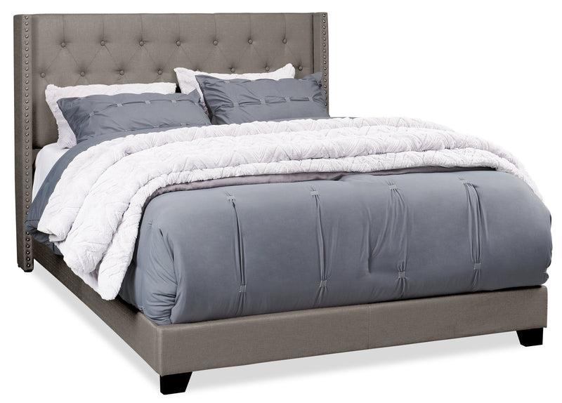 Brady Upholstered Wingback Bed in Light Grey Fabric with Nailhead Design, Button Tufted - King Size