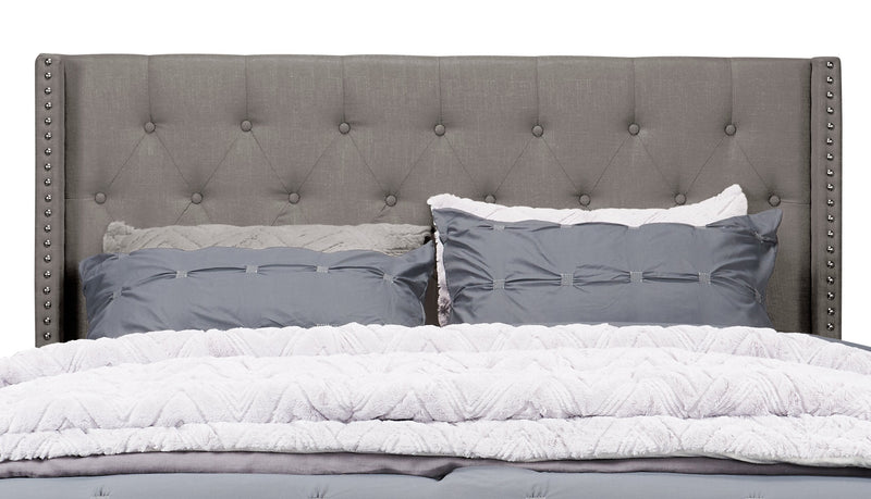 Brady Upholstered Wingback Bed in Light Grey Fabric with Nailhead Design, Button Tufted - King Size