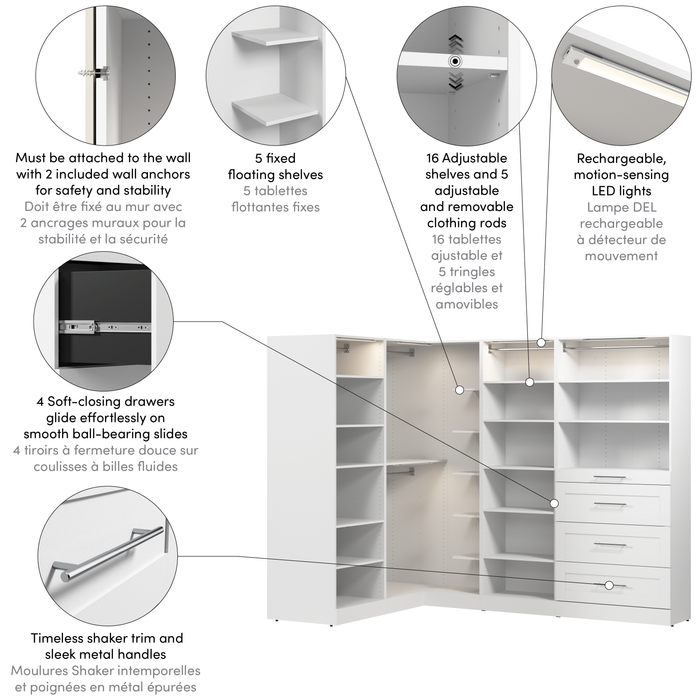 Bestar Florence 105\" Modular L-Shaped Walk-In Closet System with LED Lights, Rods, Shelves and Drawe