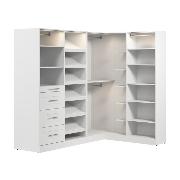 Bestar Florence 85\" Modular L-Shaped Walk-In Closet System with LED Lights, Rods, Drawers and Shoe S
