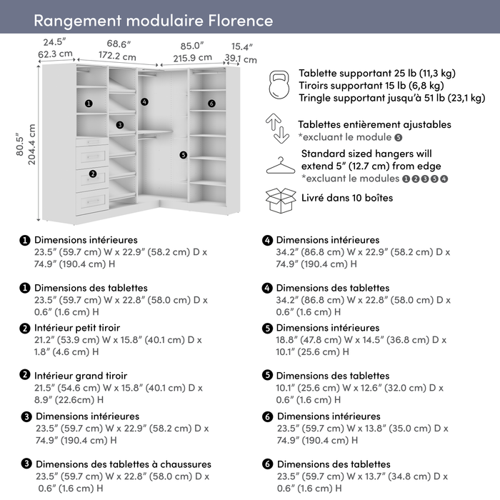 Bestar Florence 85\" Modular L-Shaped Walk-In Closet System with LED Lights, Rods, Drawers and Shoe S