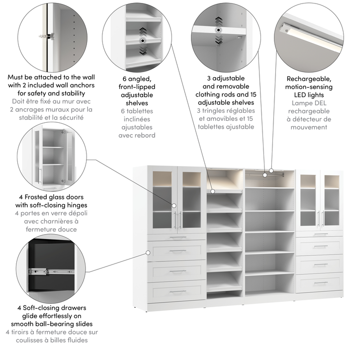 Bestar Florence 132\" Modular Walk-In Closet System with LED Lights, Drawers, Doors and Shoe Shelves 