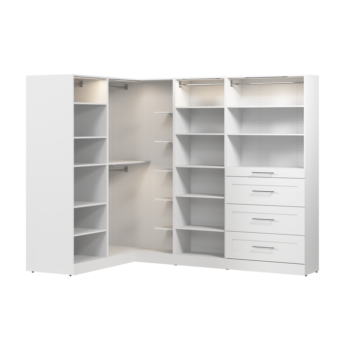 Bestar Florence 105\" Modular L-Shaped Walk-In Closet System with LED Lights, Rods, Shelves and Drawe