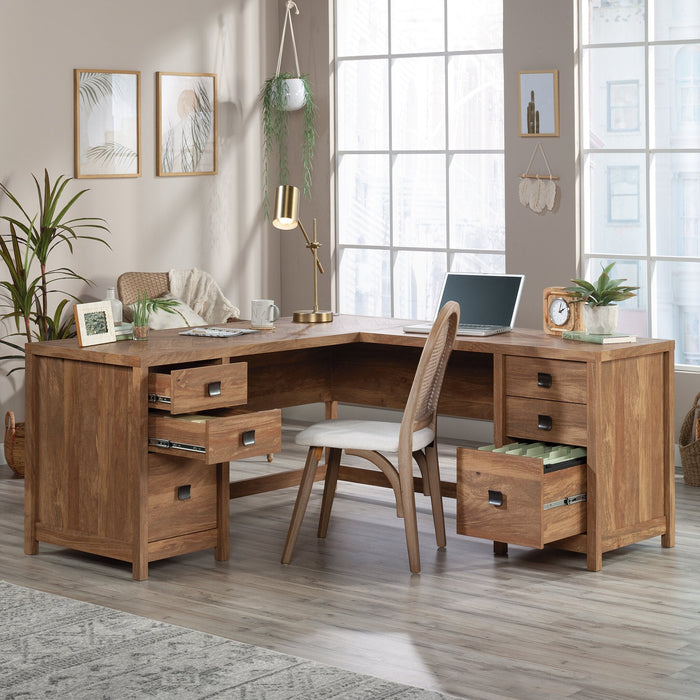 Cannery Bridge 66\" Commercial Grade L-Shaped Office Desk with 6-Drawers - Brown
