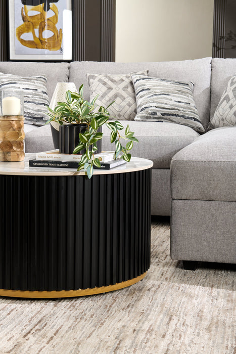 Kort & Co. Capri 32” Modern Round Coffee Table with White Sintered Stone Top and Casters - Black and Gold