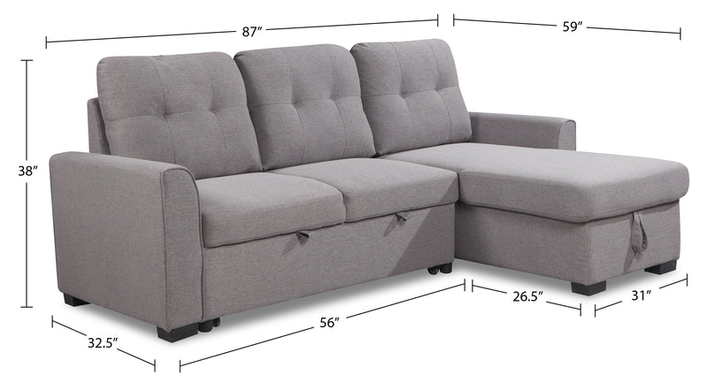 Carter 2-Piece Right-Facing Linen-Look Fabric Sleeper Sectional with Storage Chaise - Solis Grey 