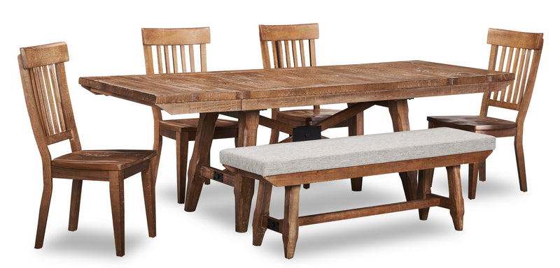 Cedar 6pc Dining Set with Table, Bench & 4 Chairs, Pine Wood, Trestle-Base, 72.07\"W - Brown 