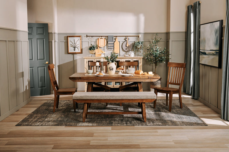 Cedar 6pc Dining Set with Table, Bench & 4 Chairs, Pine Wood, Trestle-Base, 72.07\"W - Brown 