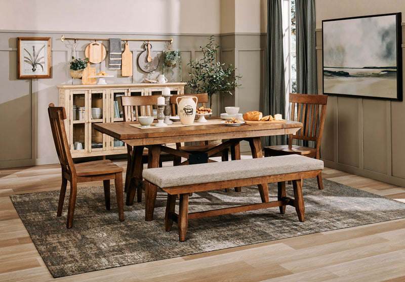 Cedar 6pc Dining Set with Table, Bench & 4 Chairs, Pine Wood, Trestle-Base, 72.07\"W - Brown 