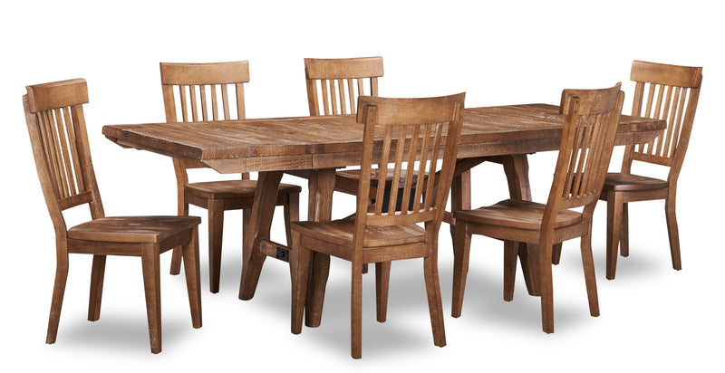 Cedar 7pc Dining Set with Table & 6 Chairs, Pine Wood, Trestle-Base, 72.07\"W - Brown 
